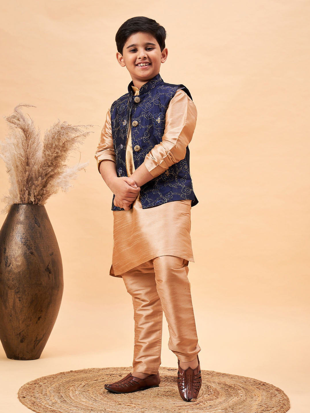 VASTRAMAY Boy's Navy Blue Nehru Jacket With Rose Gold Kurta And Pyjama Set