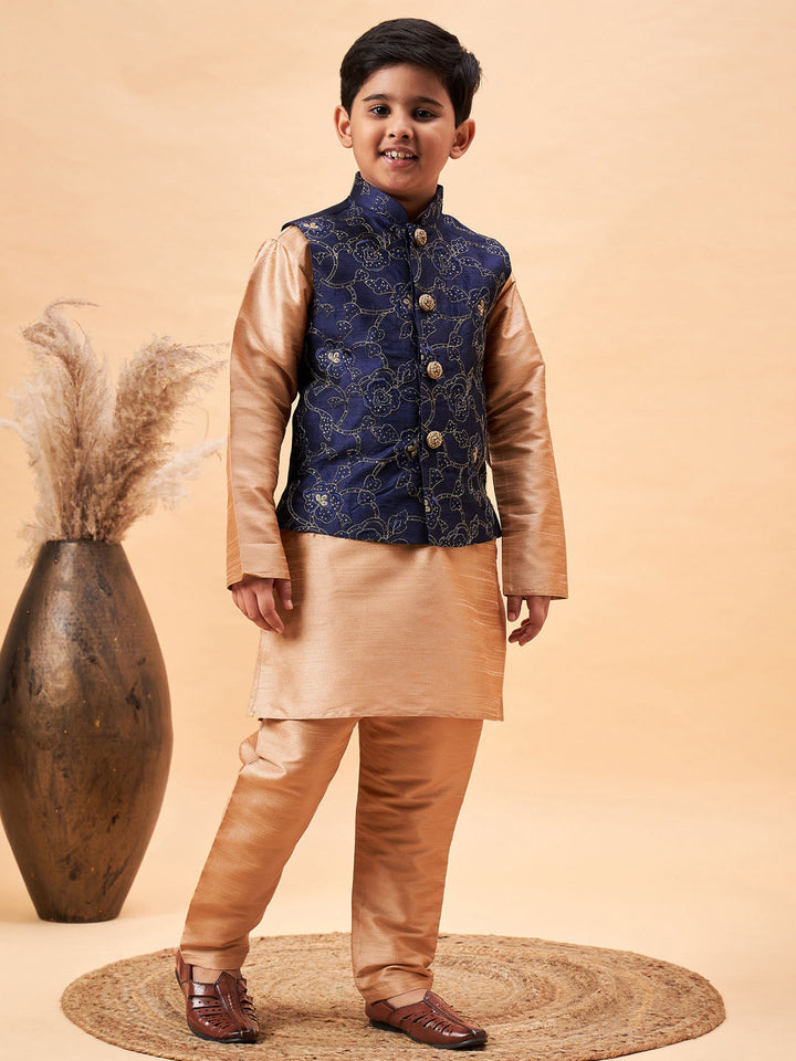 VASTRAMAY Boy's Navy Blue Nehru Jacket With Rose Gold Kurta And Pyjama Set