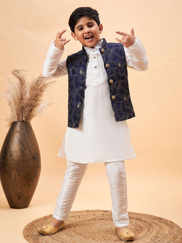 VASTRAMAY Boy's Navy Blue Nehru Jacket With White Kurta And Pyjama Set