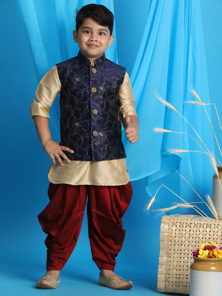 Vastramay Boy's Navy Blue Embroidered Nehru Jacket With Gold Kurta And Maroon Dhoti Set