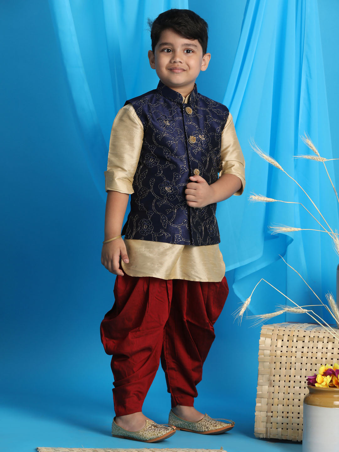 Vastramay Boy's Navy Blue Embroidered Nehru Jacket With Gold Kurta And Maroon Dhoti Set