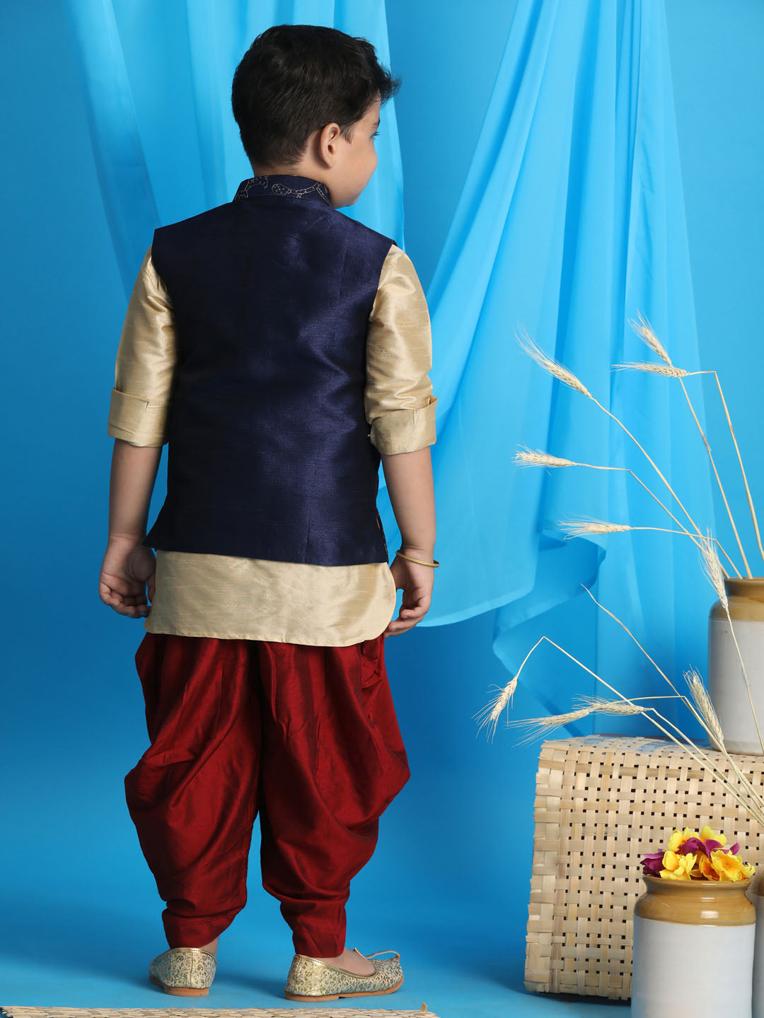 Vastramay Boy's Navy Blue Embroidered Nehru Jacket With Gold Kurta And Maroon Dhoti Set