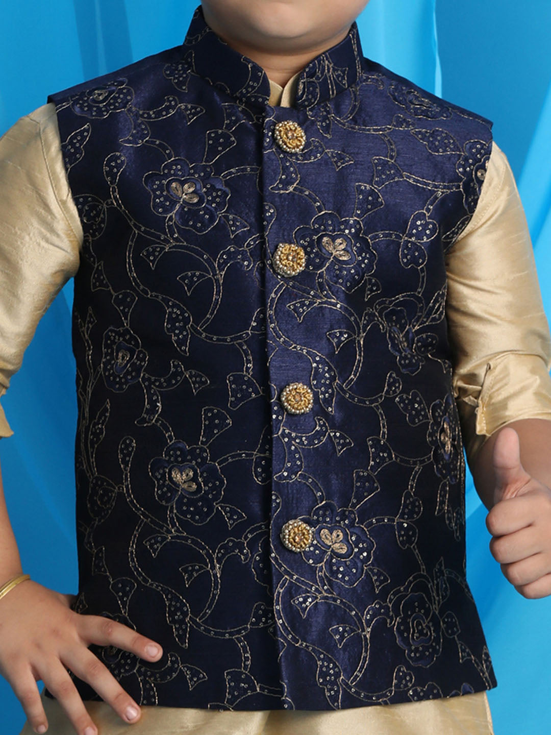 Vastramay Boy's Navy Blue Embroidered Nehru Jacket With Gold Kurta And Maroon Dhoti Set