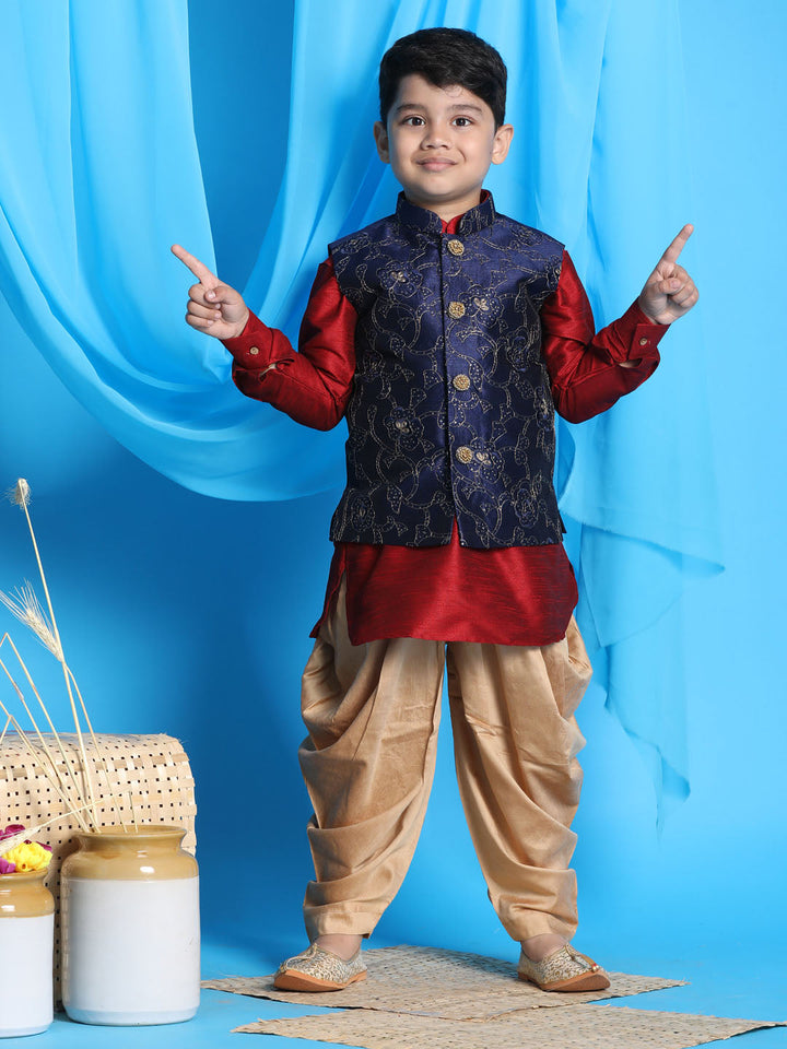 Vastramay Boy's Navy Blue Embroidered Nehru Jacket With Maroon Kurta And Rose Gold Dhoti Set