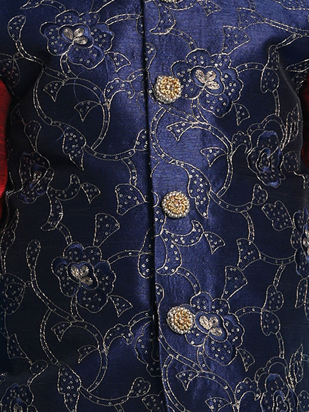 Vastramay Boy's Navy Blue Embroidered Nehru Jacket With Maroon Kurta And Rose Gold Dhoti Set