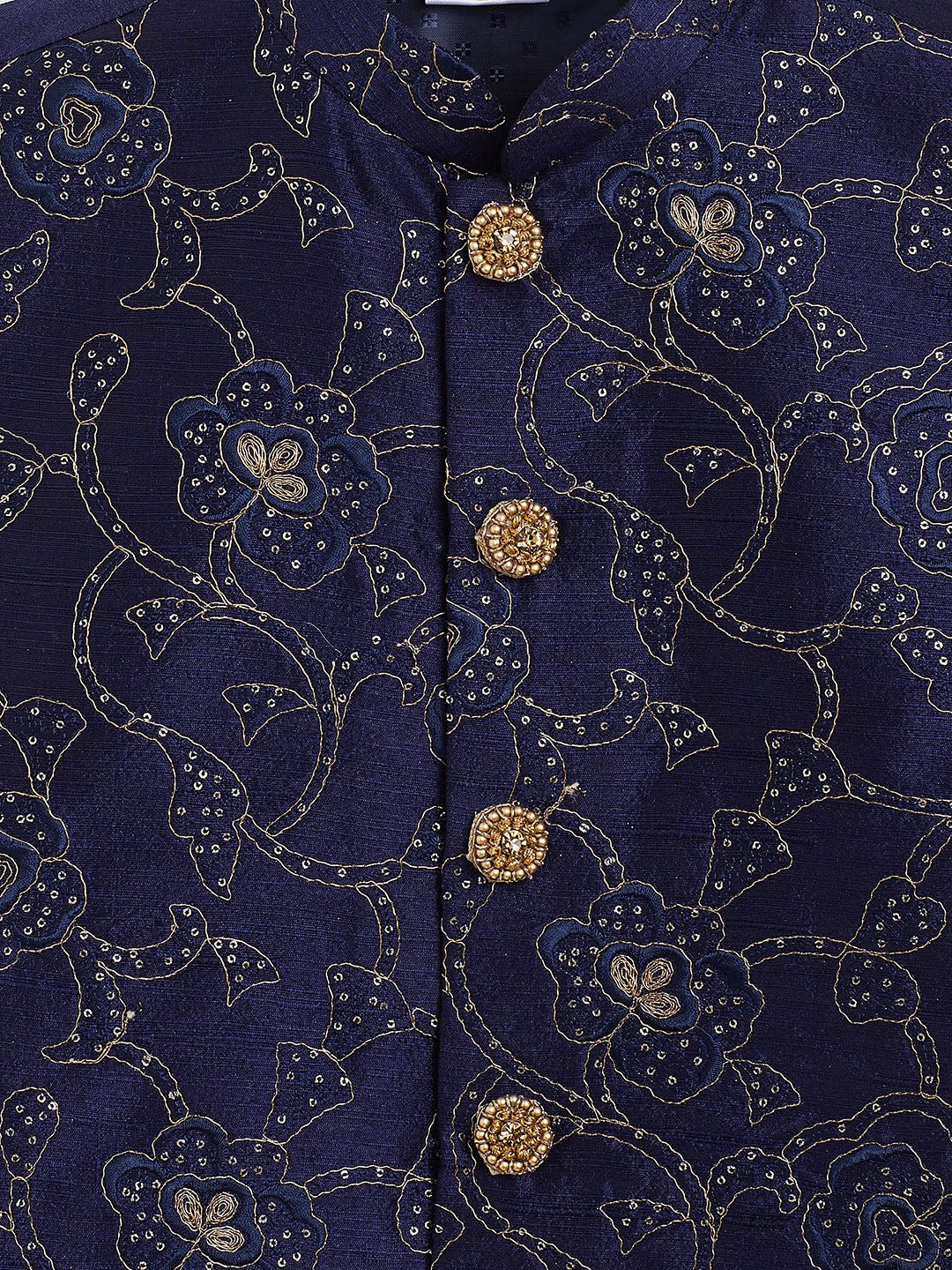 Vastramay Boy's Navy Blue Embroidered Nehru Jacket With Rose Gold Kurta And Maroon Dhoti Set