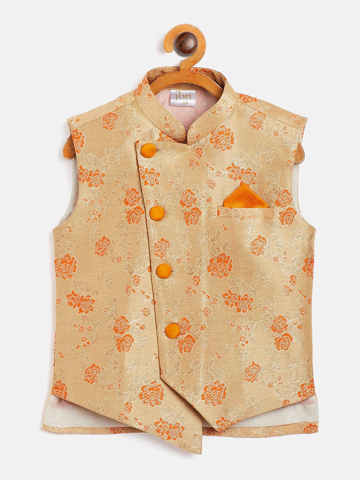 Vastramay Boy's Orange Asymmetric Banarasi Brocade Nehru Jacket