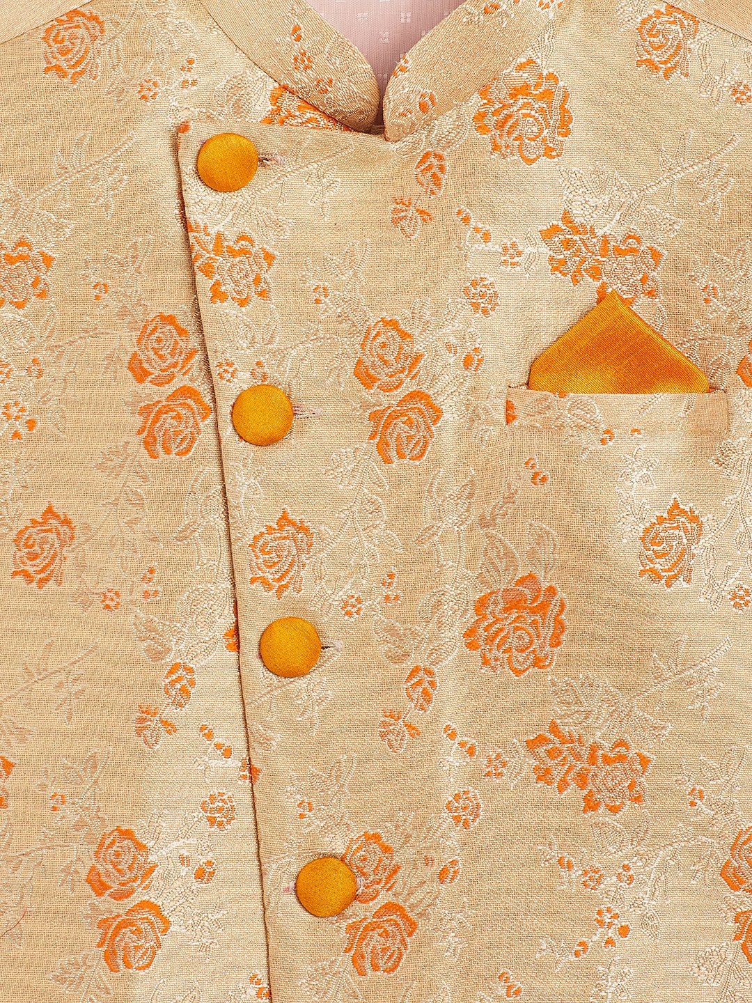 Vastramay Boy's Orange Asymmetric Banarasi Brocade Nehru Jacket