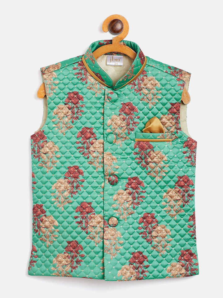 Vastramay Boys Green & Maroon Printed Slim Fit Woven Nehru Jacket