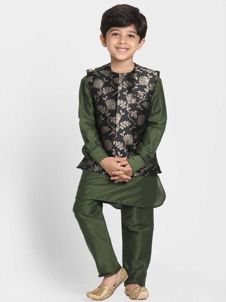 Vastramay Boys' Black Cotton Silk Blend Nehru Jacket