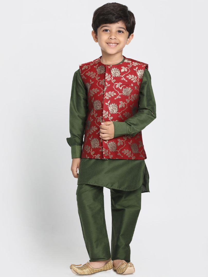 Vastramay Boys' Maroon Cotton Silk Blend Nehru Jacket - qivii