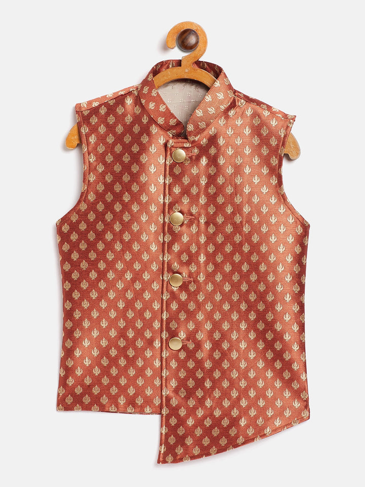 Vastramay Boy's Orange Asymmetric Brocade Nehru Jacket