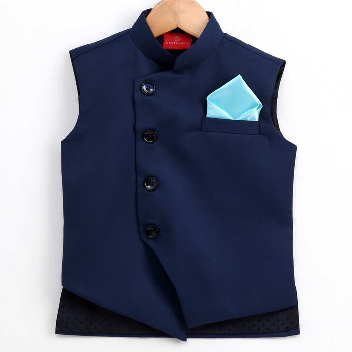 Vastramay Boy's Blue Cotton Blend Twill Nehru Jacket