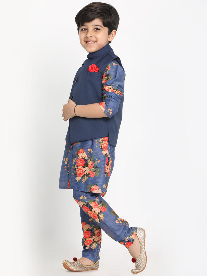 Vastramay Blue Twill Jacket, Printed Kurta and Pyjama Set