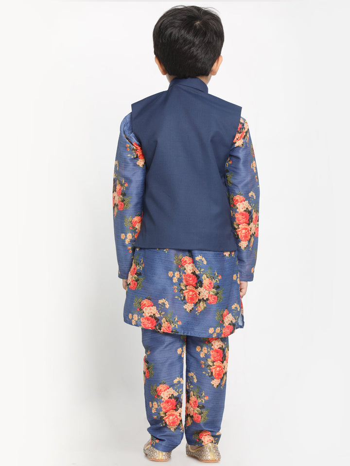 Vastramay Blue Twill Jacket, Printed Kurta and Pyjama Set