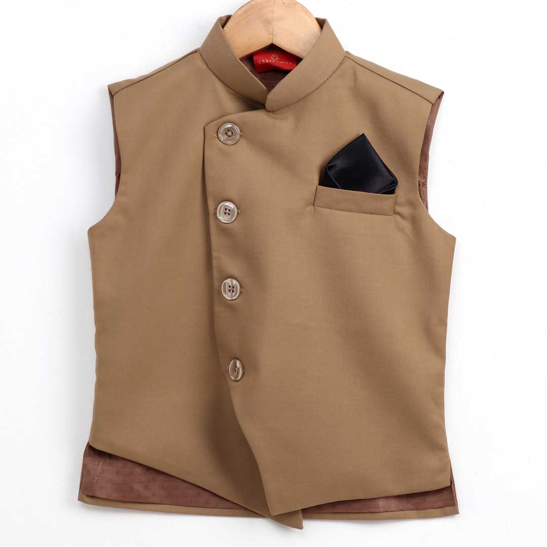 VASTRAMAY Beige Cotton Blend Twill Nehru Jacket