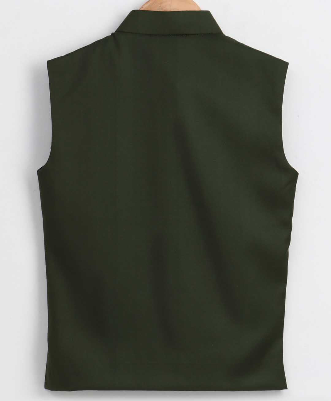 Vastramay Boy's Dark Green Cotton Blend Twill Nehru Jacket