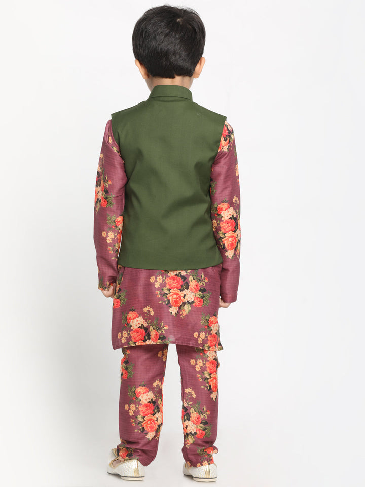 Vastramay Boy's Green Twill Jacket, Printed Kurta and Pyjama Set