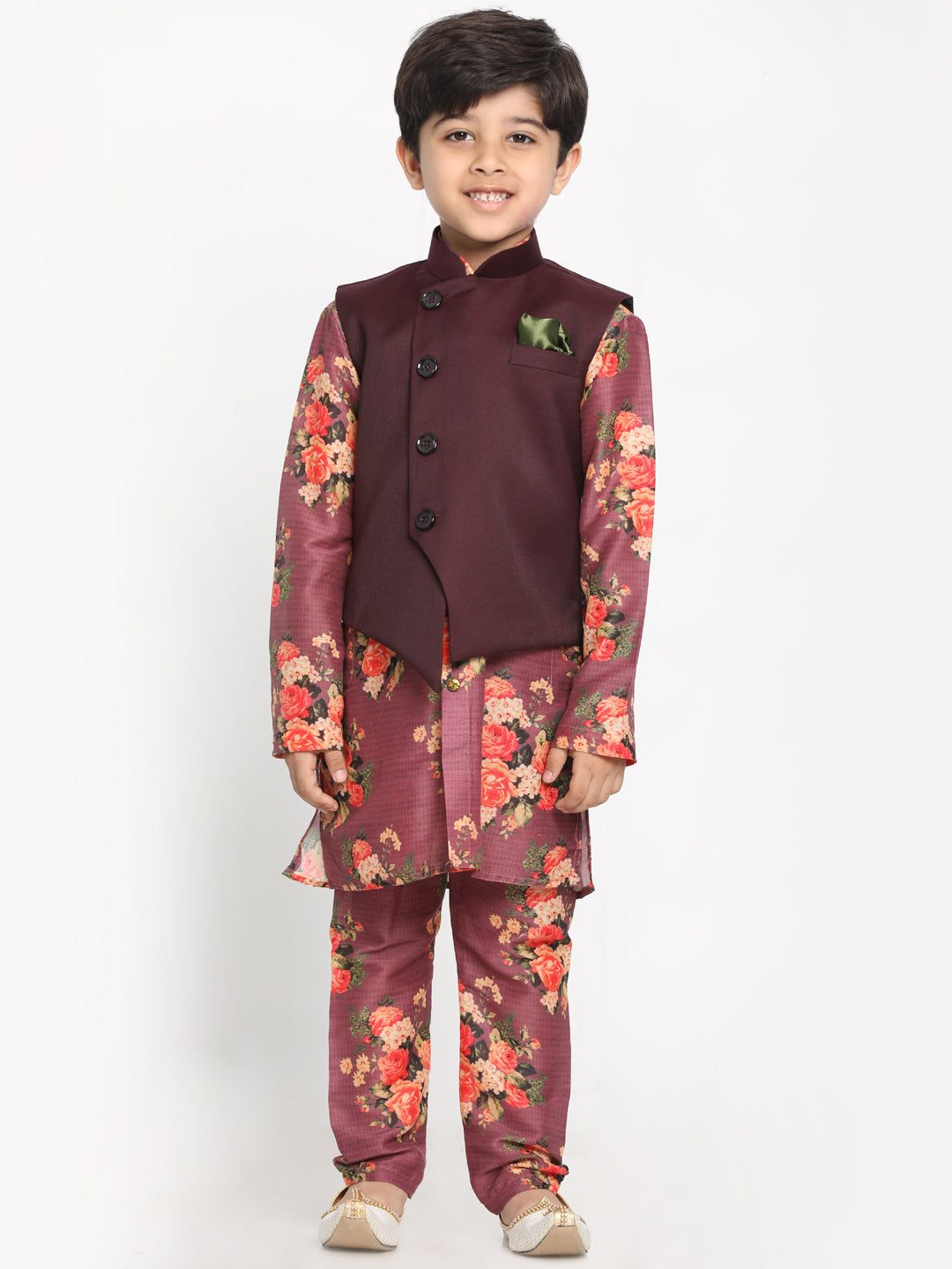 Vastramay Boy's Maroon Twill Jacket, Printed Kurta and Pyjama Set