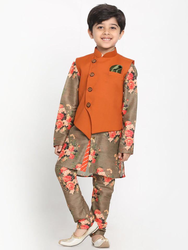 Vastramay Boy's Orange Twill Jacket, Printed Kurta and Pyjama Set