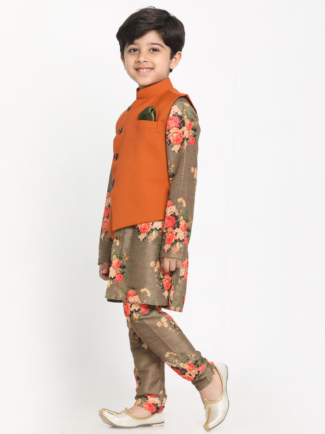 Vastramay Boy's Orange Twill Jacket, Printed Kurta and Pyjama Set