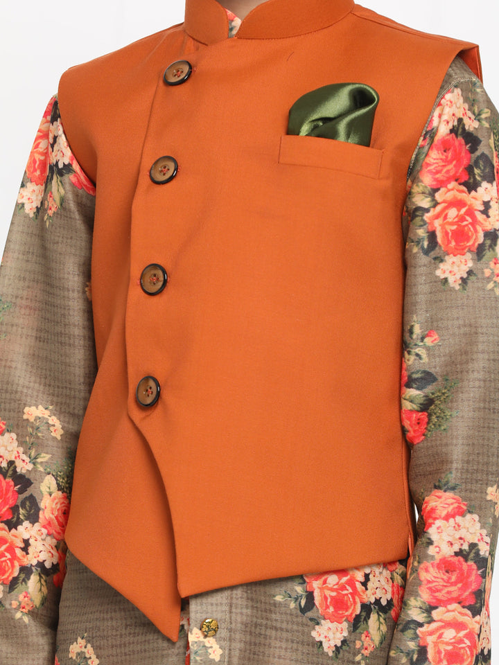 Vastramay Boy's Orange Twill Jacket, Printed Kurta and Pyjama Set