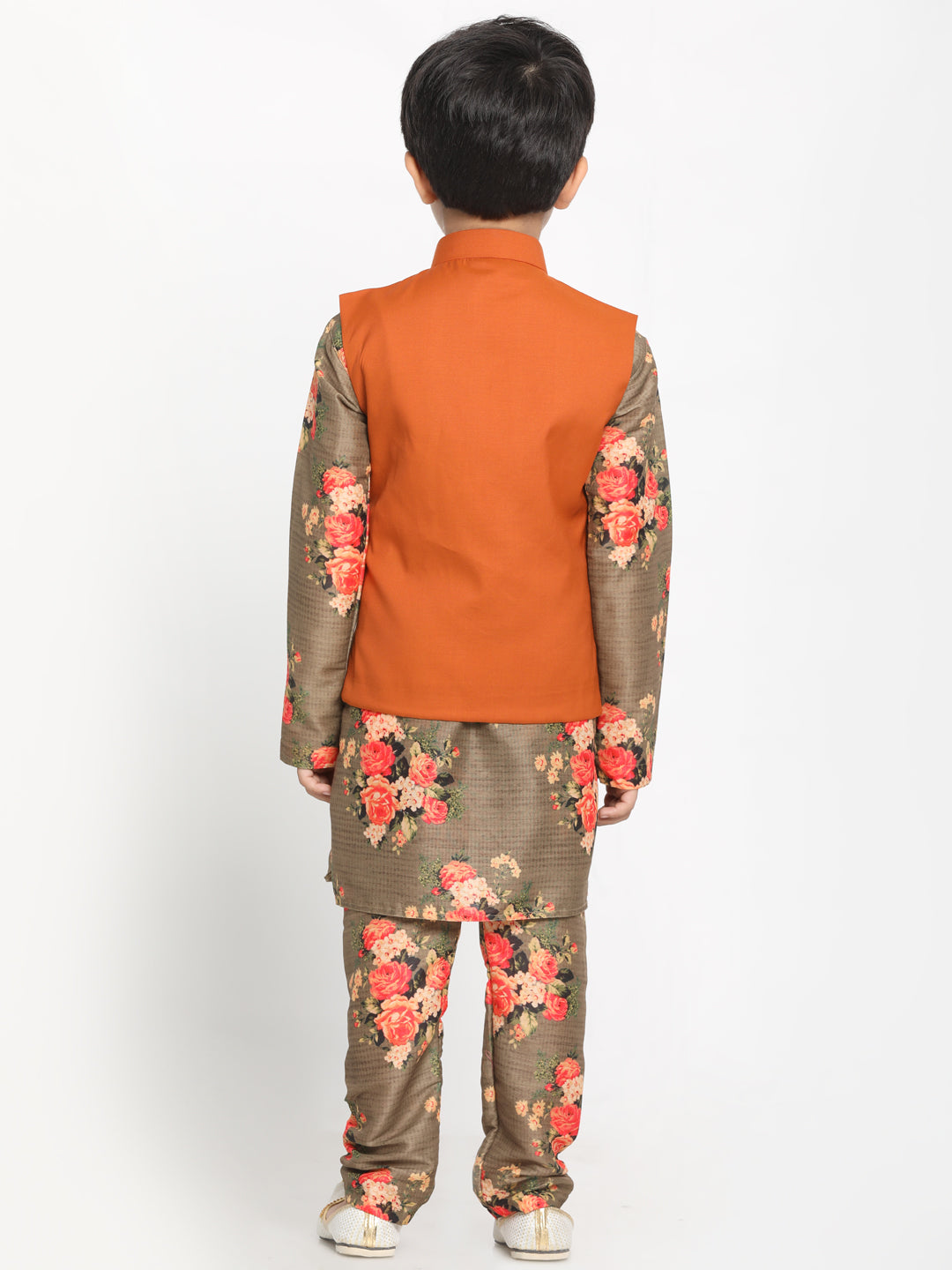 Vastramay Boy's Orange Twill Jacket, Printed Kurta and Pyjama Set