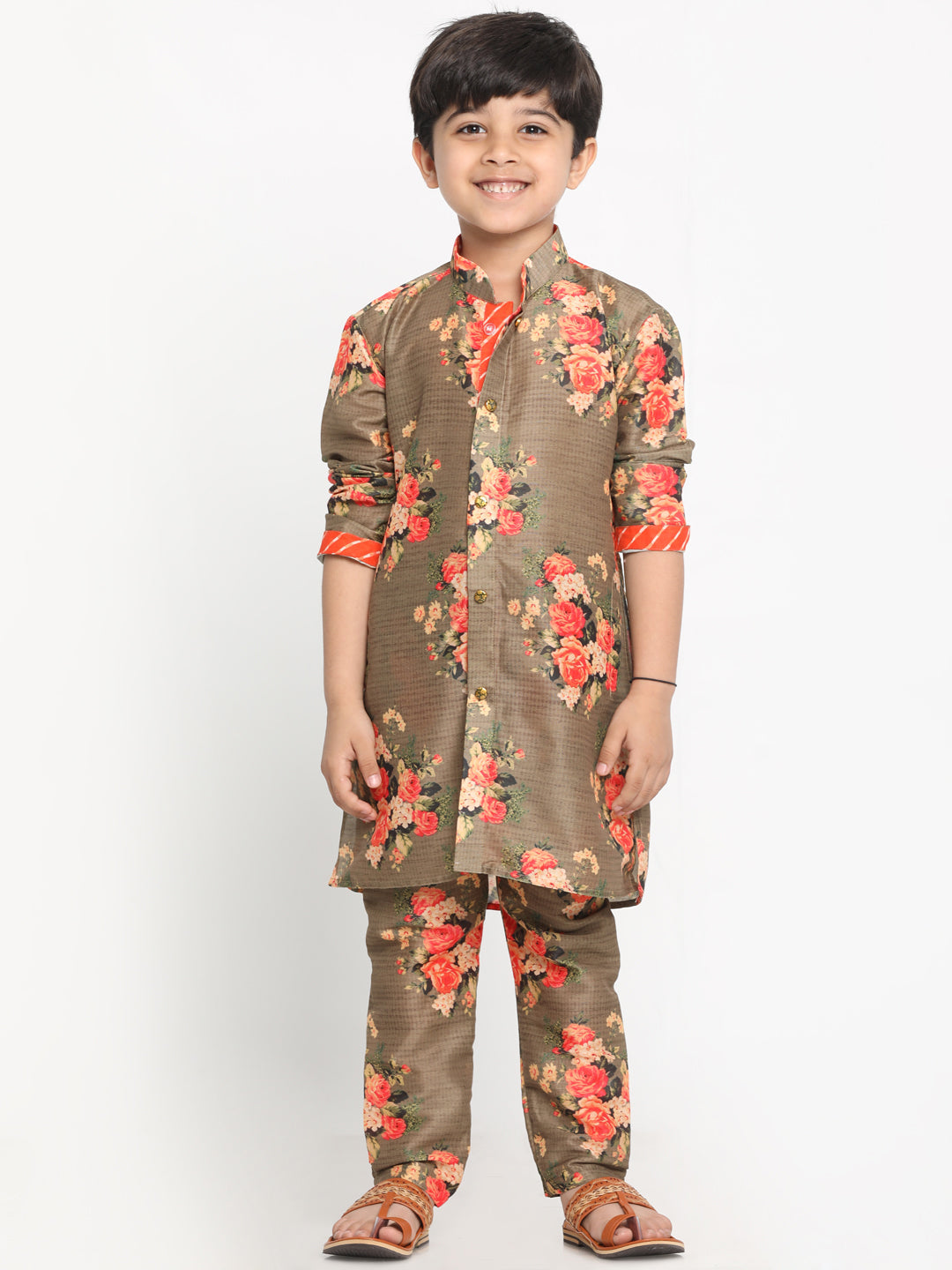 Vastramay Boy's Orange Twill Jacket, Printed Kurta and Pyjama Set