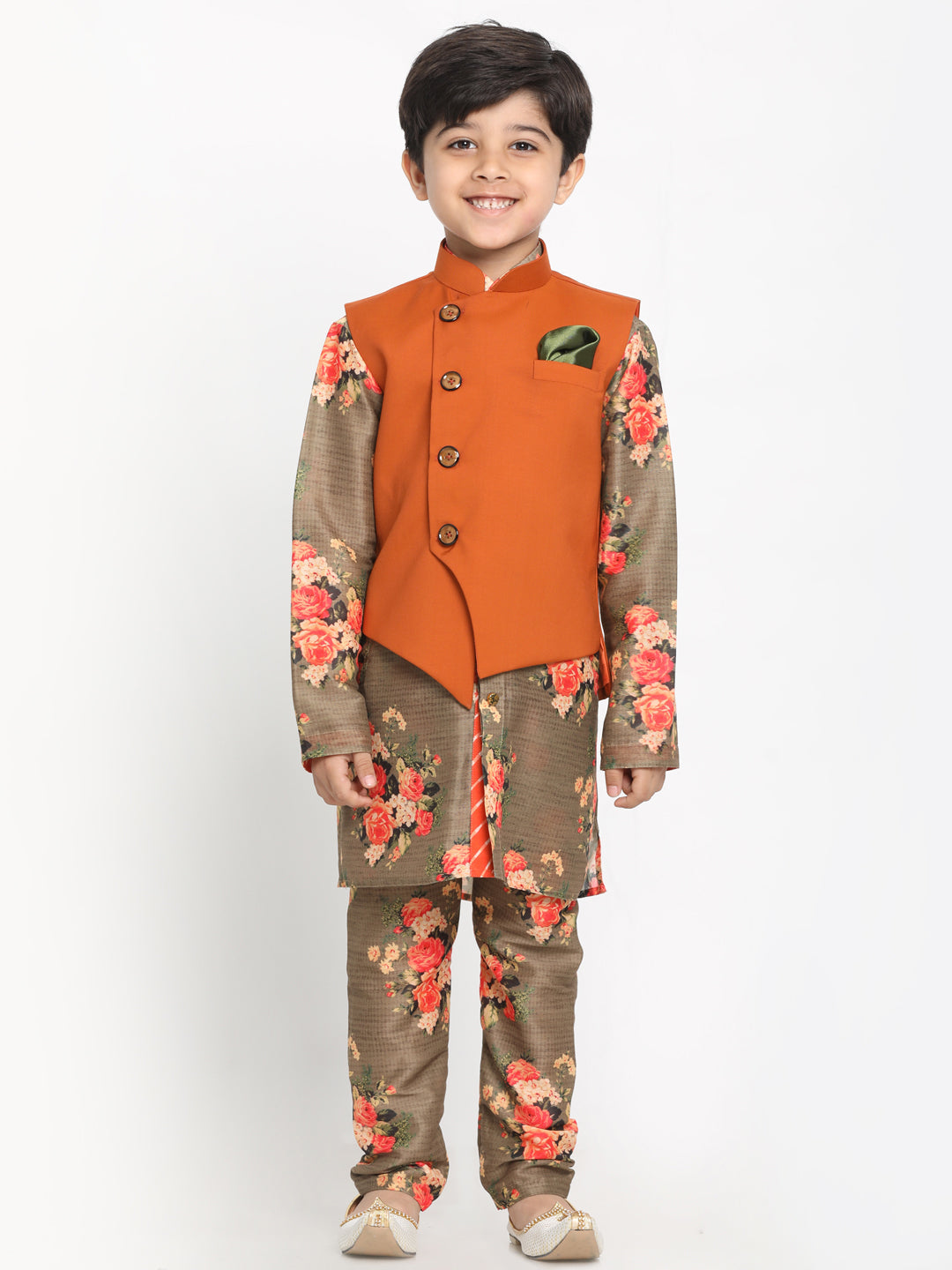 Vastramay Boy's Orange Twill Jacket, Printed Kurta and Pyjama Set