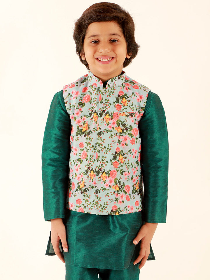 Vastramay Boys Aqua Floral Printed Nehru Jacket