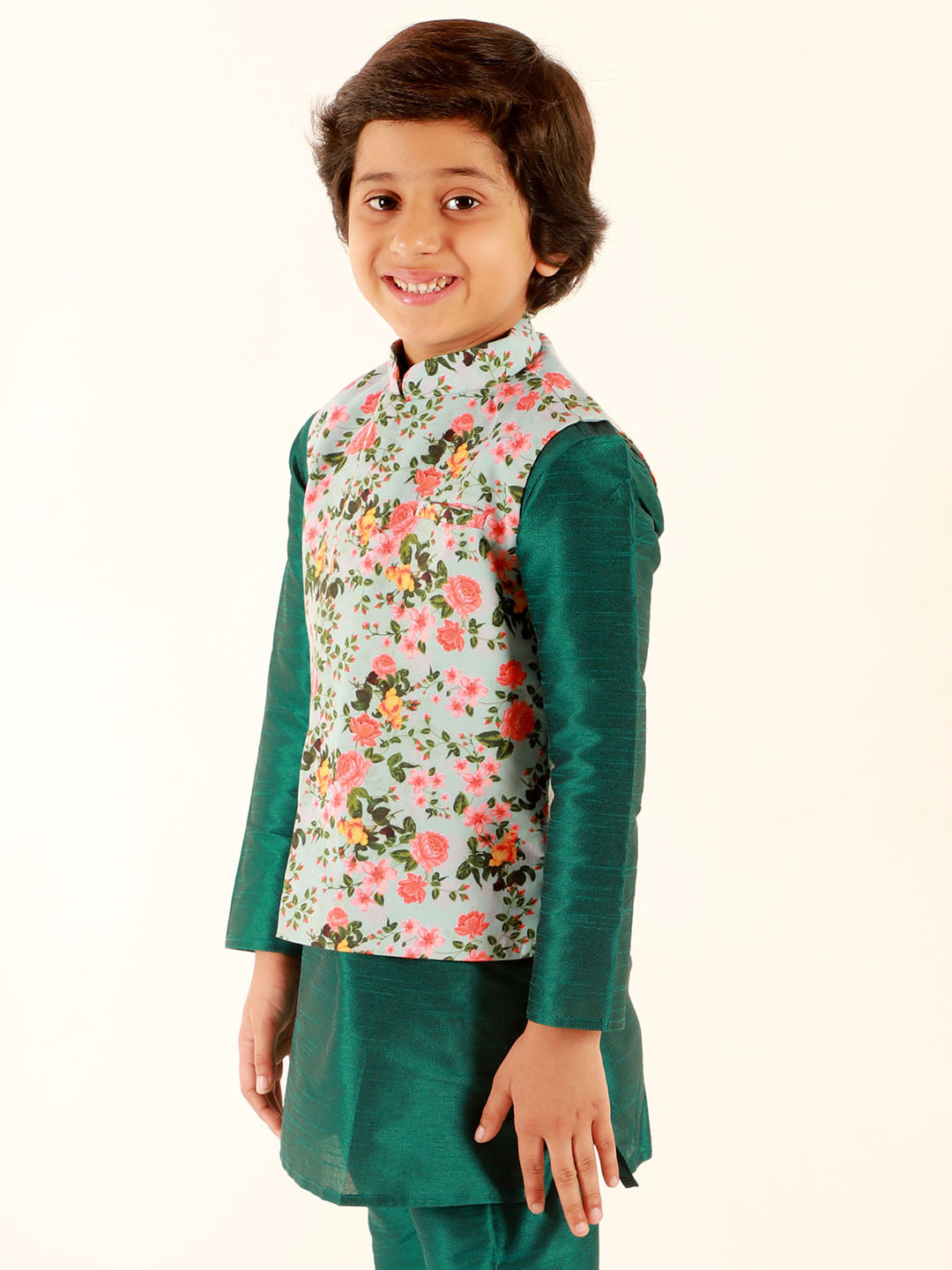 Vastramay Boys Aqua Floral Printed Nehru Jacket