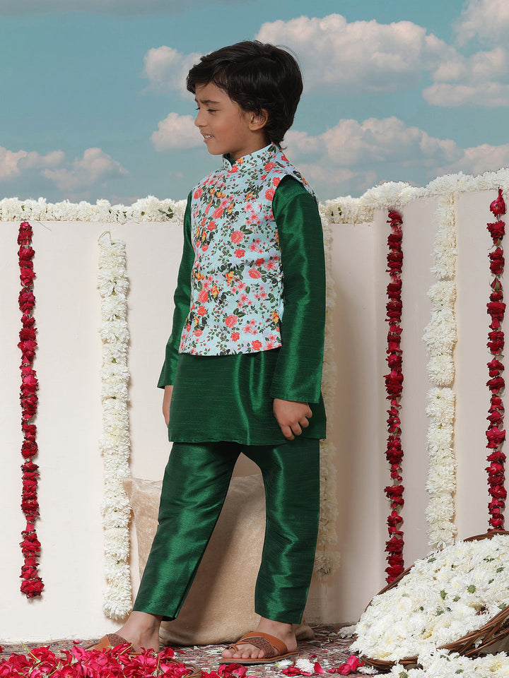 Vastramay Boy's Aqua Floral Printed Nehru Jacket With Green Kurta And Pyjama Set