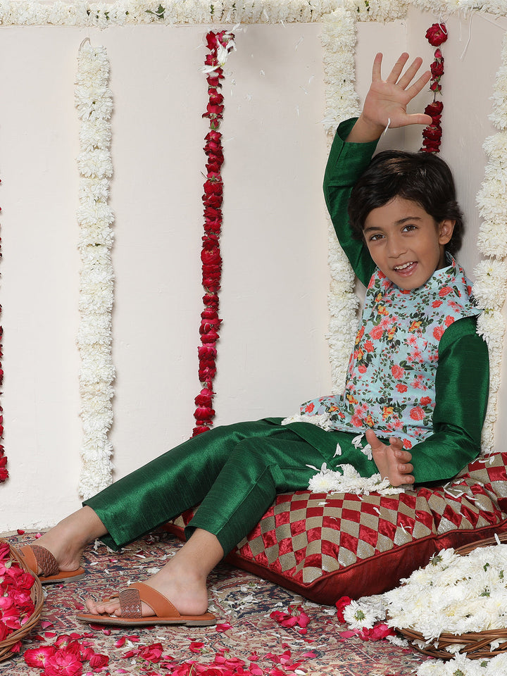 Vastramay Boy's Aqua Floral Printed Nehru Jacket With Green Kurta And Pyjama Set