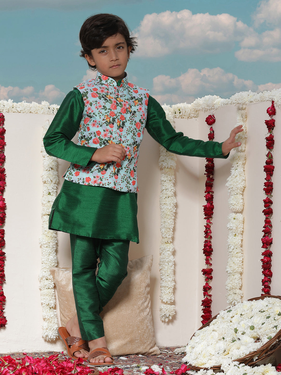 Vastramay Boy's Aqua Floral Printed Nehru Jacket With Green Kurta And Pyjama Set