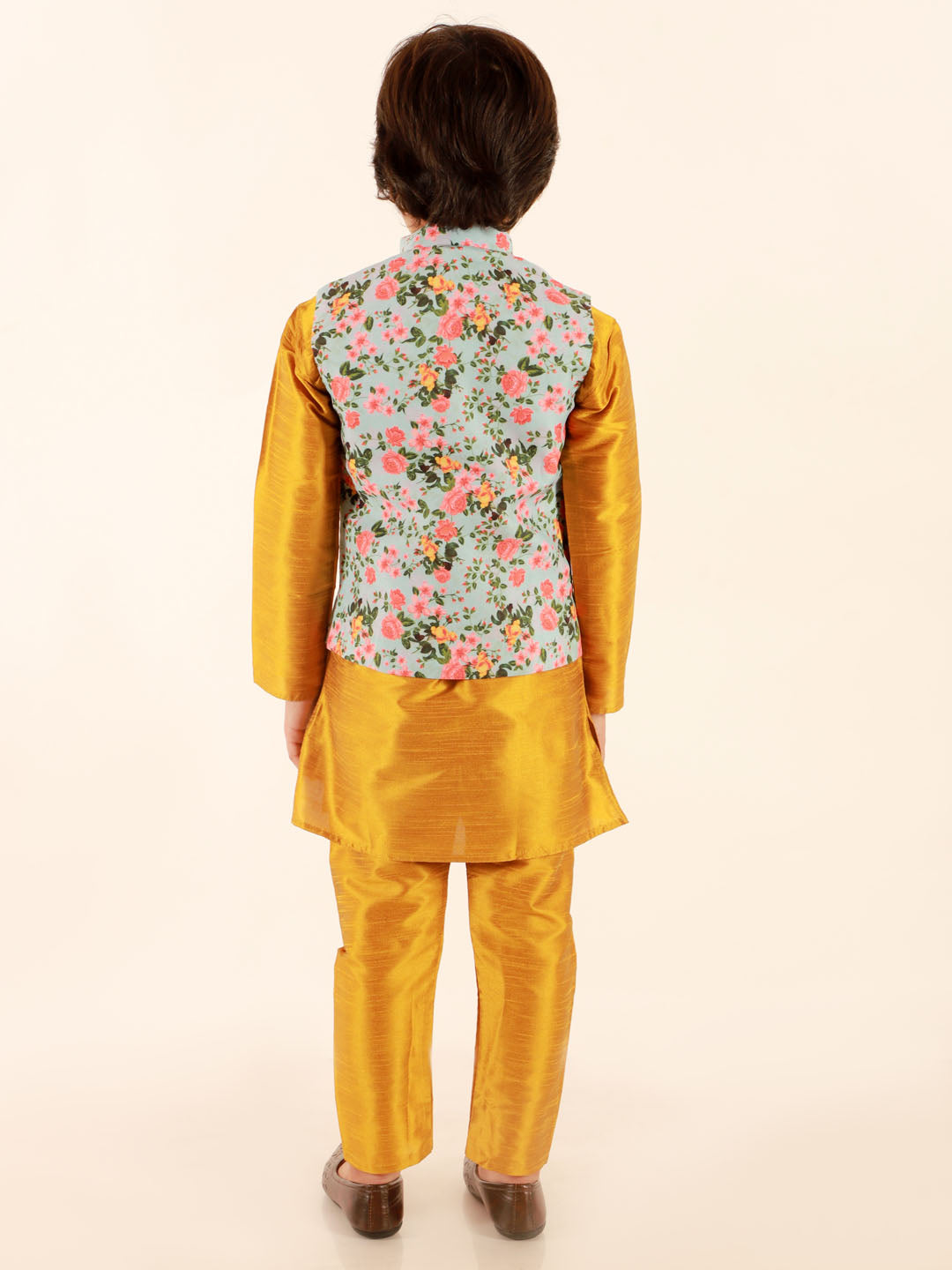 Vastramay Boy's Aqua Floral Printed Nehru Jacket With Mustard Kurta And Pyjama Set