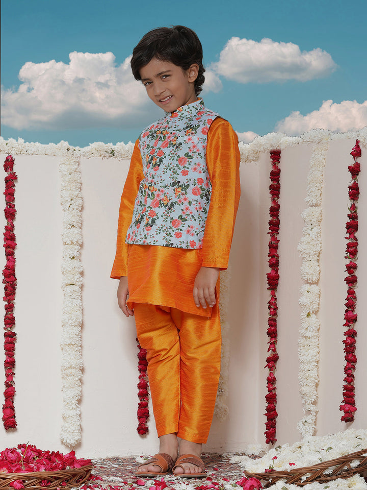 Vastramay Boy's Aqua Floral Printed Nehru Jacket With Orange Kurta And Pyjama Set