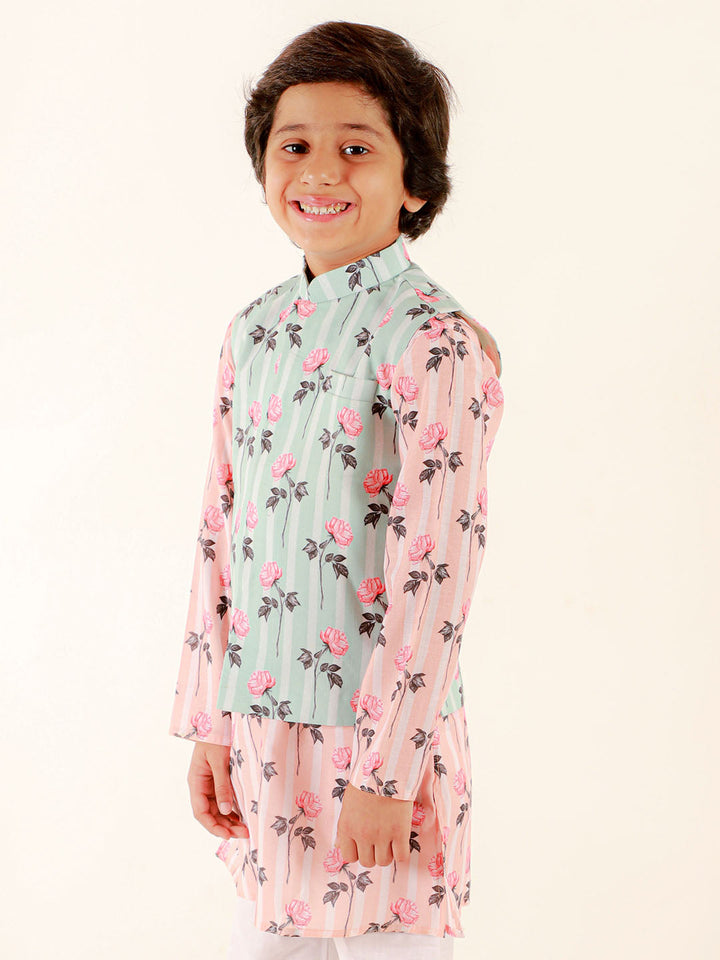 Vastramay Boys Peach Floral Printed Nehru Jacket