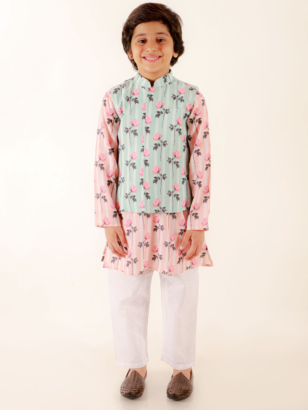 Vastramay Boys Peach Floral Printed Nehru Jacket