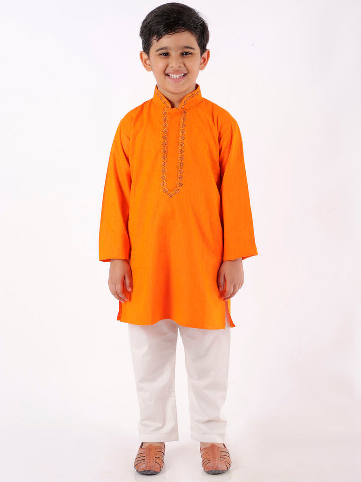 Vastramay Boy's Orange & White Kurta with Pyjamas