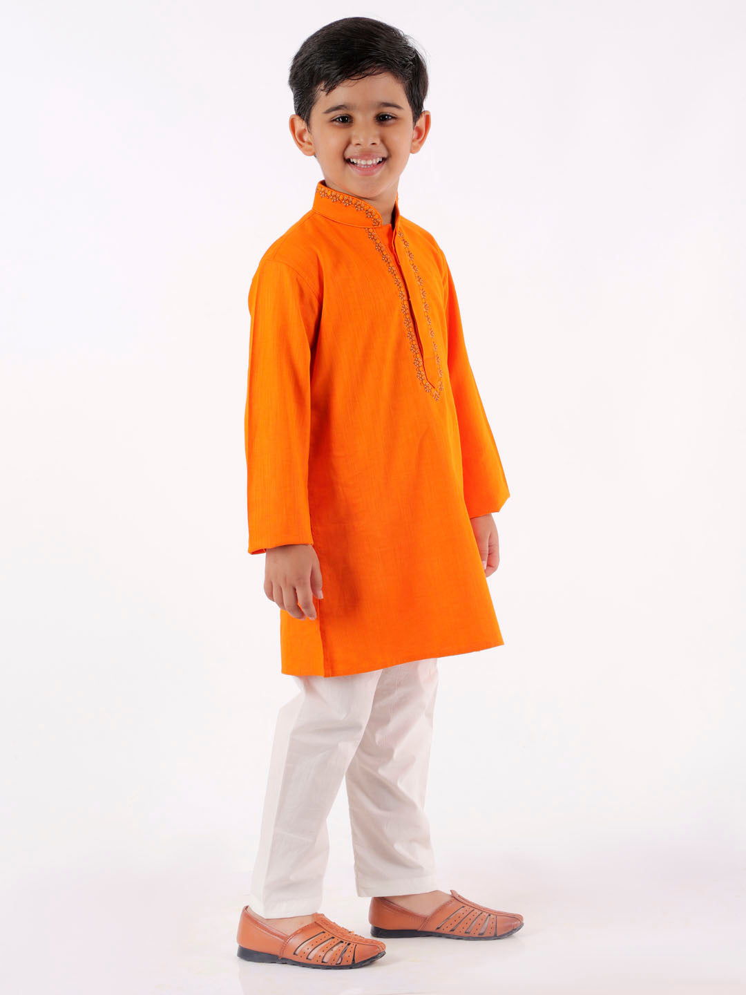 Vastramay Boy's Orange & White Kurta with Pyjamas