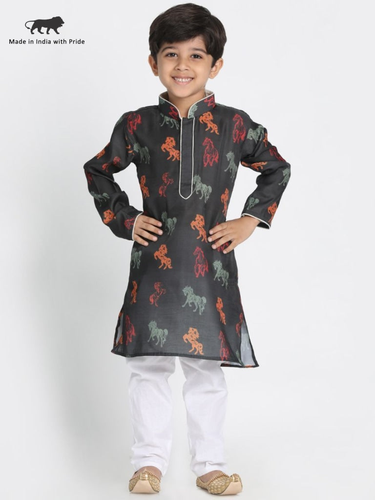 VASTRAMAY Boys' Black Cotton Horse Print Kurta and Pyjama Set