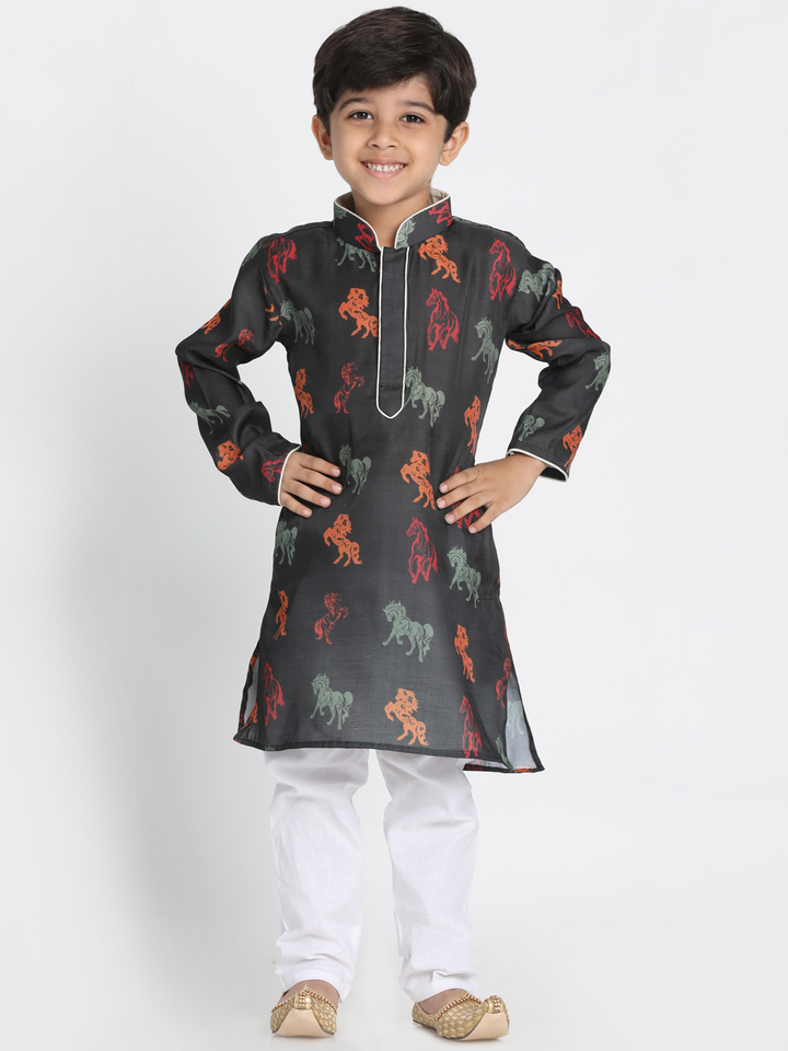 VASTRAMAY Boys' Black Cotton Horse Print Kurta and Pyjama Set