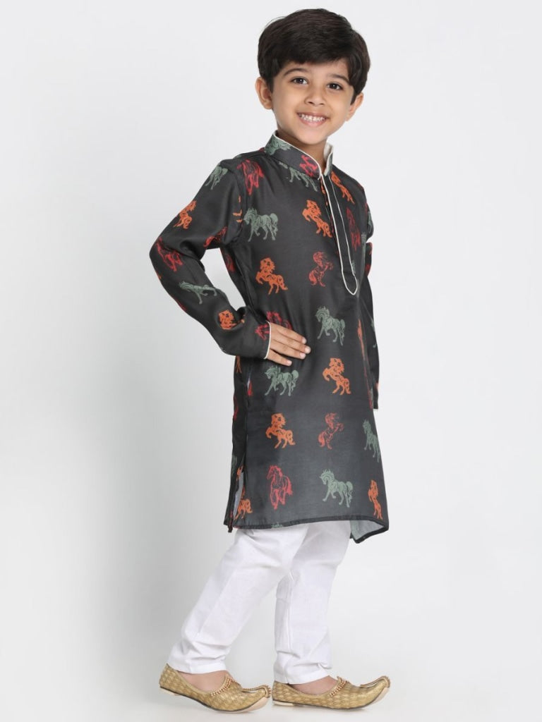 VASTRAMAY Boys' Black Cotton Horse Print Kurta and Pyjama Set - qivii