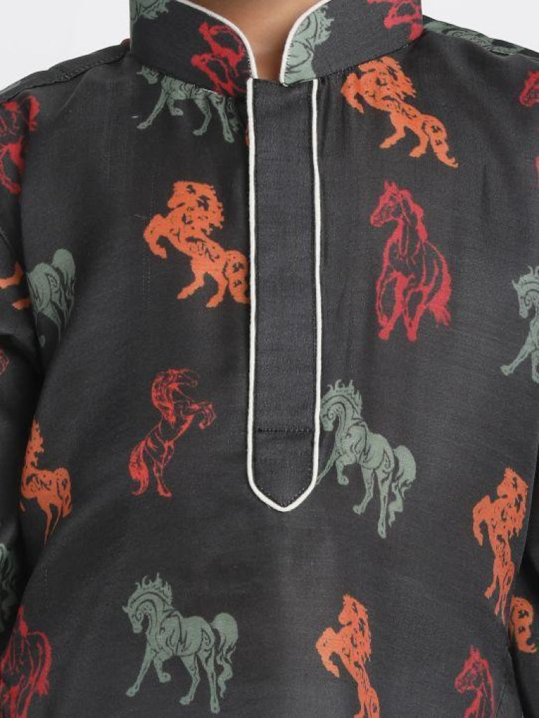 VASTRAMAY Boys' Black Cotton Horse Print Kurta and Pyjama Set - qivii