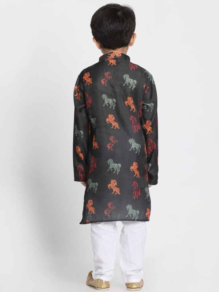 VASTRAMAY Boys' Black Cotton Horse Print Kurta and Pyjama Set - qivii