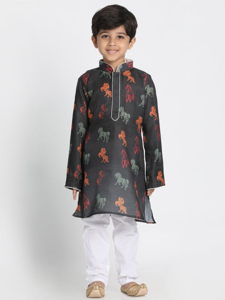 VASTRAMAY Boys' Black Cotton Horse Print Kurta and Pyjama Set