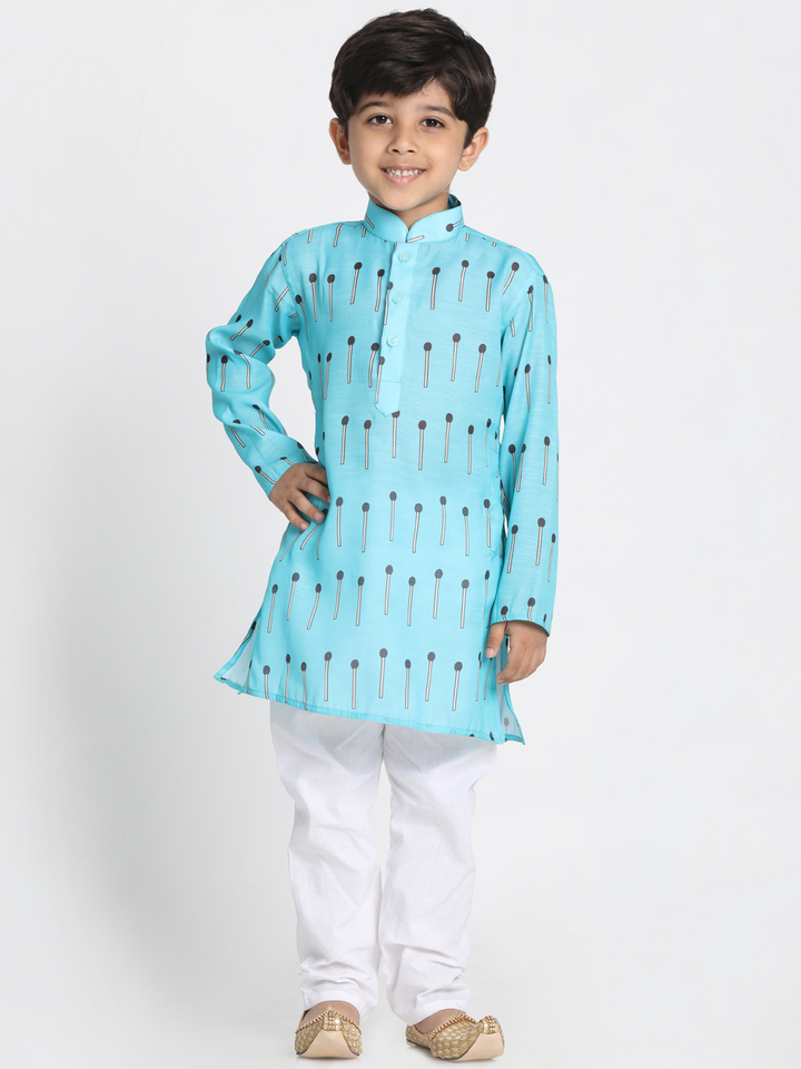 VASTRAMAY Boys' Light Blue Cotton Blend Kurta and Pyjama Set