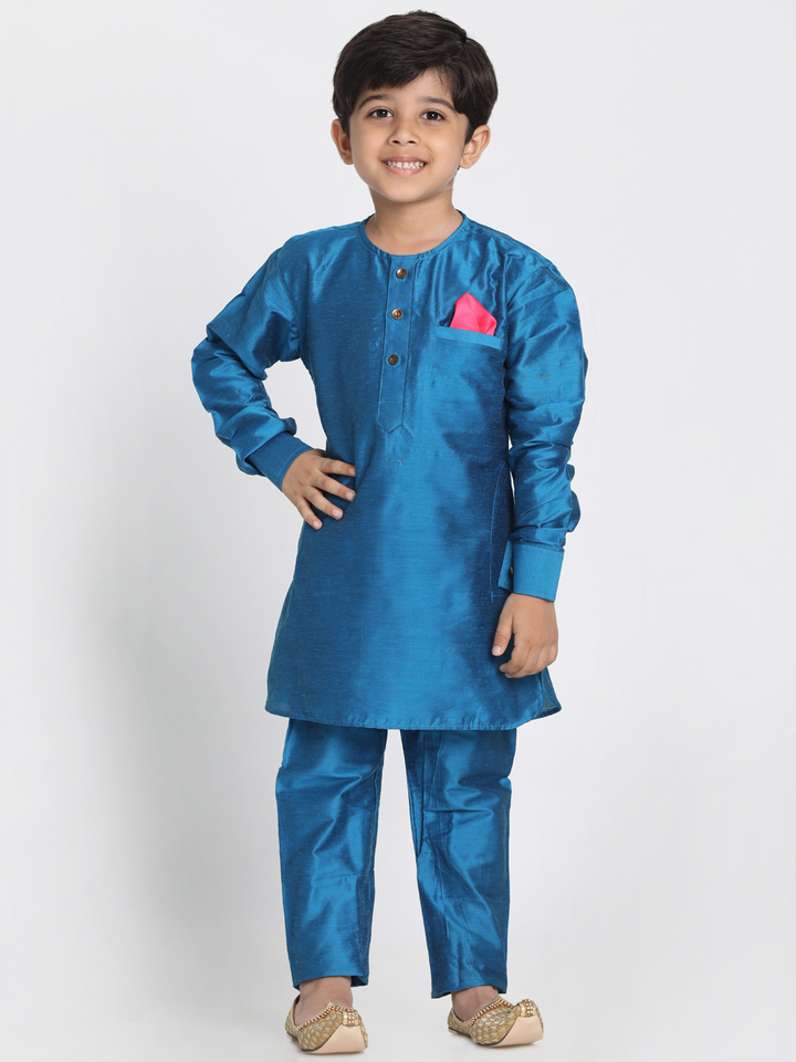 Vastramay Boys' Light Blue Cotton Silk Blend Kurta and Pyjama Set