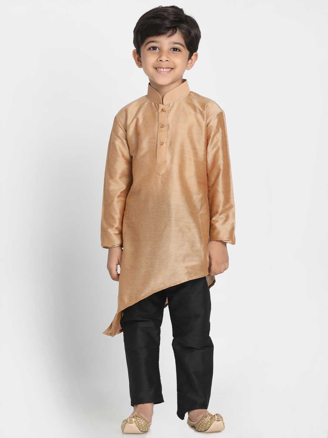 Vastramay Boys' Gold Cotton Silk Blend Kurta and Pyjama Set