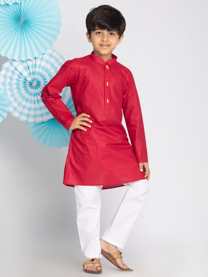 Vastramay Boy's Maroon And White Kurta Pyjama Set